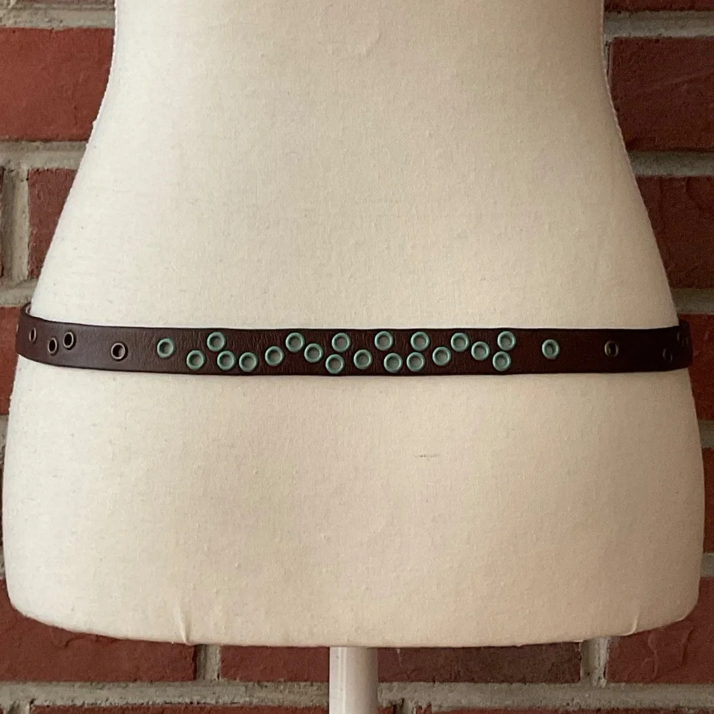 Brown Leather Boho Belt Blue Decorative Holes Size 31”-35”